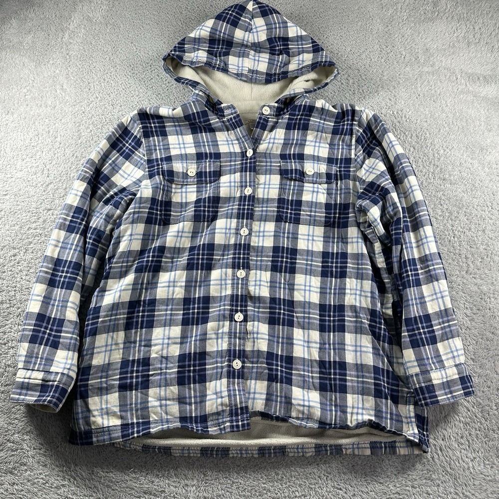 L.L Bean Fleece-Lined Flannel Hoodie‎ Plaid Women's Large Petite Pet Blue White